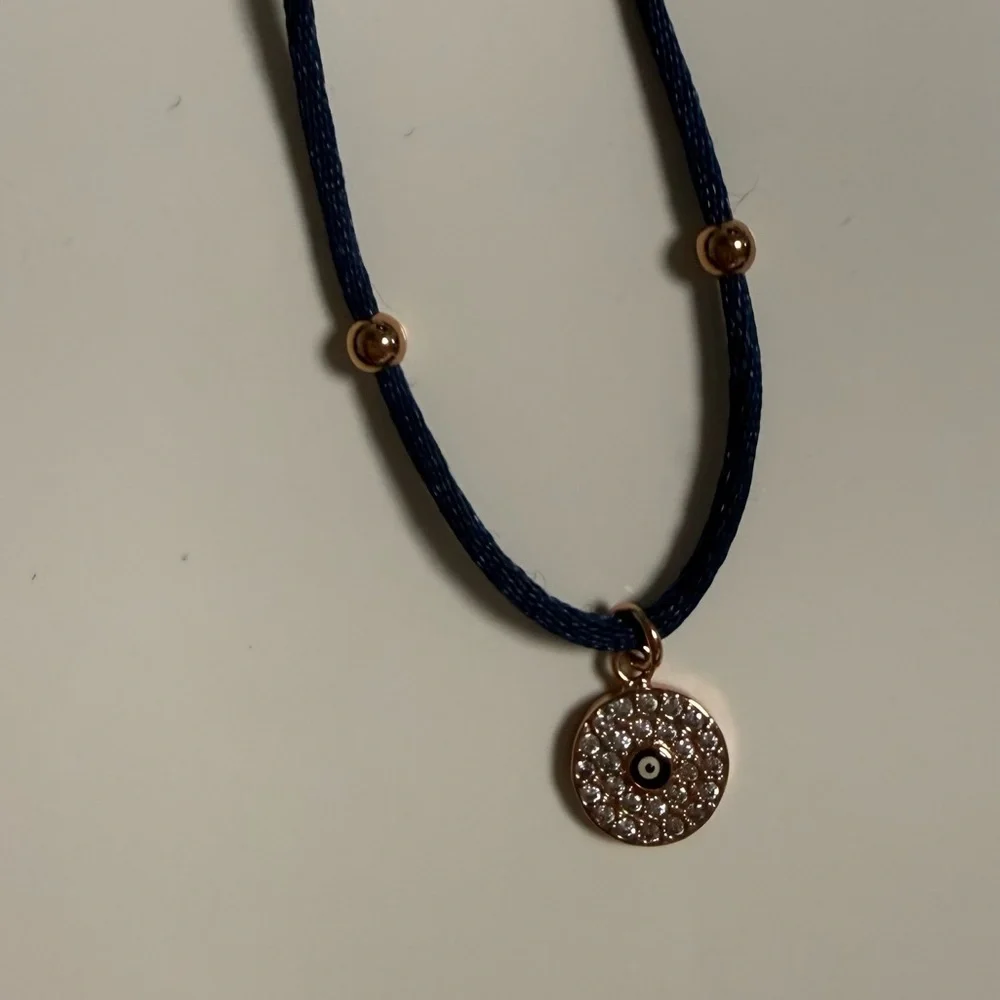 Sparkling Evil Eye Cord Necklace - Adjustable Navy Blue Silk